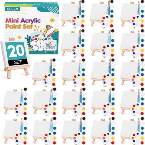 1 20 Set Mini Canvas Painting Kit, Minis Acrylic Paint Set, Valentines Day Gifts,4*4in Stretched Canvas with Easel, Acrylic Paints,Brushes,Palette,Mini Easel Canvas for Kids Adults Painting Party
