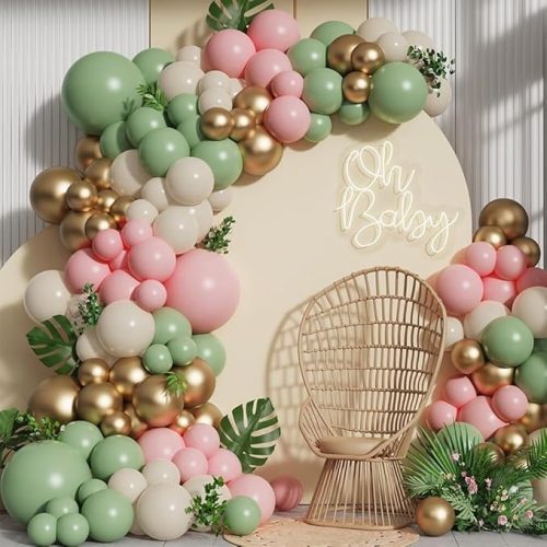 1 All In One 138pcs Sage Green Pink Balloons Arch Garland Kit, 5 10 12 18inch Different Size Latex Balloon Wedding Boho Girls Woodland Baby Shower Jungle Safari Birthday Party Decor + Tools
