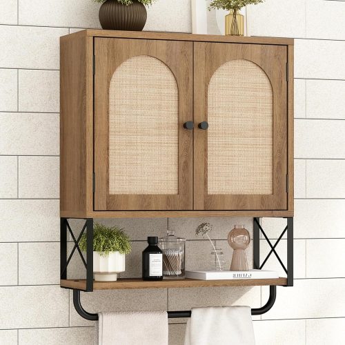 1 Rattan Bathroom Wall Cabinet, Boho Over The Toilet Storage Cabinet with Arched Rattan Doors, Modern Medicine Cabinet with Adjustable Shelves & Towel Bar, Bathroom Organizer(Rustic Oak, Medium)