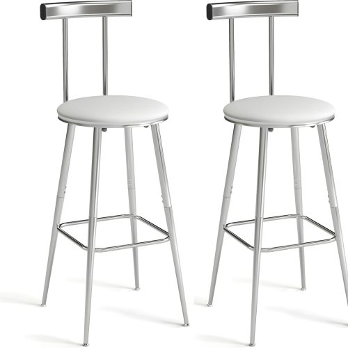 1 Bar Stools, Set of 2 High Kitchen Barstools, Bar Chairs with Backrest and Footrest, Industrial Counter Stools with PU Soft seat, for Kitchen, Living Room, Pub, Silvery BS-011SI