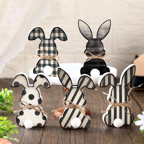 5 Pack Small Easter Bunny Wooden Signs Buffalo Plaid Wavy Line Easter Bunny Table Decor with Jute Rope Bow Spring Tabletop Wood Sign for DIY Home Office Farmhouse Tiered Tray