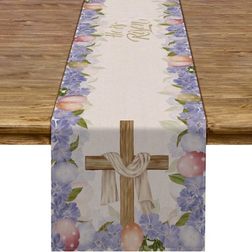 Linen He is Risen Table Runner Easter Egg Spring Jesus Ressurrection Cross Home Kitchen Dining Room Decoration (13" x 72")