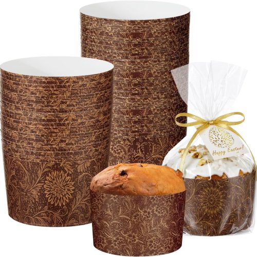 48 Set 15 oz Easter Panettone Paper Mold Sets 48 Pack Brown Round Non Stick Paska Mold Kulich Paper Baking Molds Pans Easter Bread Forms with Ribbon Clear Plastic Bags and Cards