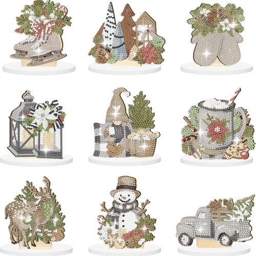 9 Pcs Winter Diamond Art Painting Kit Snowman Gnome Centerpieces DIY Crystal Diamond Painting Craft Christmas Wooden Tabletop Decorations for Winter Xmas Home Office Decor