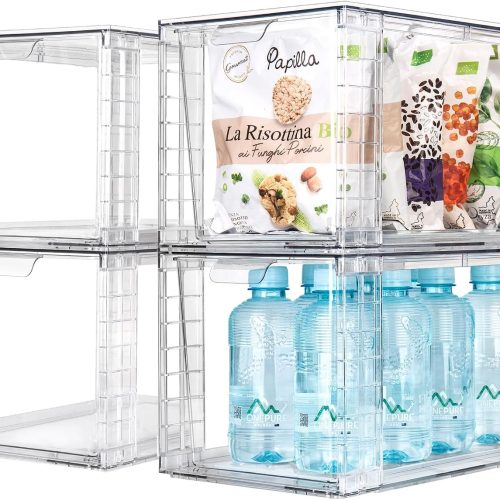 4Pack Large Stackable Kitchen Storage Drawers, Clear Foods Organizer Bins with Handles, Easily Assemble for Bathroom, Kitchen, Pantry, Cabinet, Closet(XL-UP Handle)