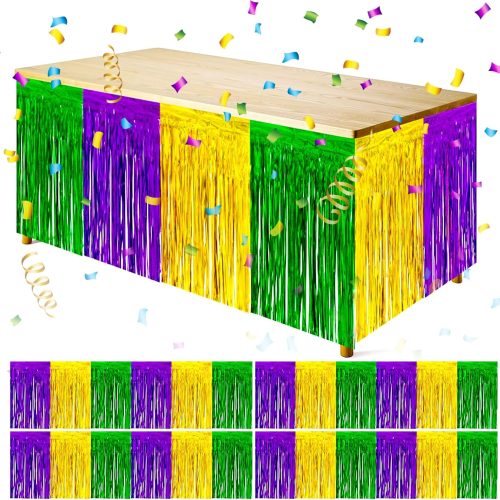 1 4 PCS Mardi Gras Party Table Skirt-29 x 109 Inch Mardi Gras Metallic Fringe Table Skirts-Purple Gold Green Tinsel Foil Fringe Decoration for Mardi Gras Holiday New Orleans Masquerade Party