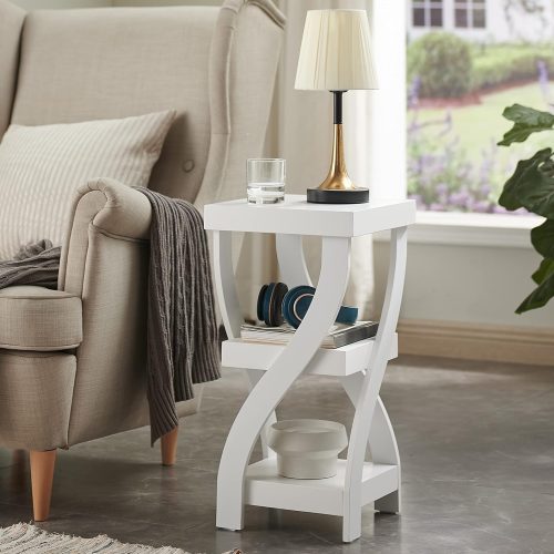 Kings Brand Furniture Lionel 3-Tier End Table, Twisted Wood Accent Side Table with Open Storage Shelves, Modern Narrow Nightstand for Living Room, Bedroom, Office or Entryway, White