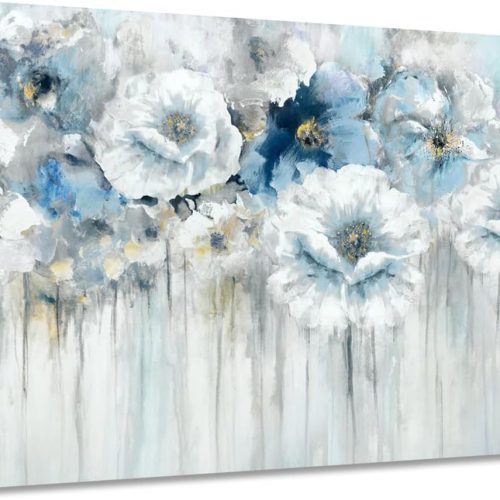 Bathroom Flower Canvas Wall Art White Floral with Gold Decorations for Blue Living Room Bedroom Decor 15" x 12"