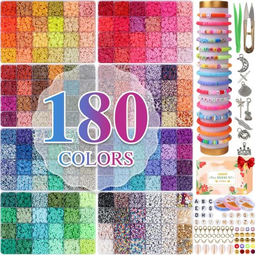 37300+ Pcs Clay Beads Bracelet Making Kit,8 Boxes 180 Colors Friendship Charms Kit Flat Polymer Heishi Beads with Rich Jewelry Making Accessories for Crafts Christmas Gifts