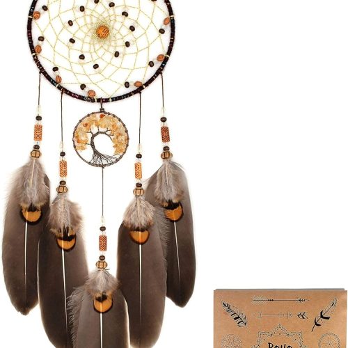 Brown Dream Catchers Tree of Life Boho Dreamcatcher for Bedroom Adult with Feathers and Citrine Crystal Wall Hanging Decor for Home Festival Blessing Gifts 18" Length (NO.11)