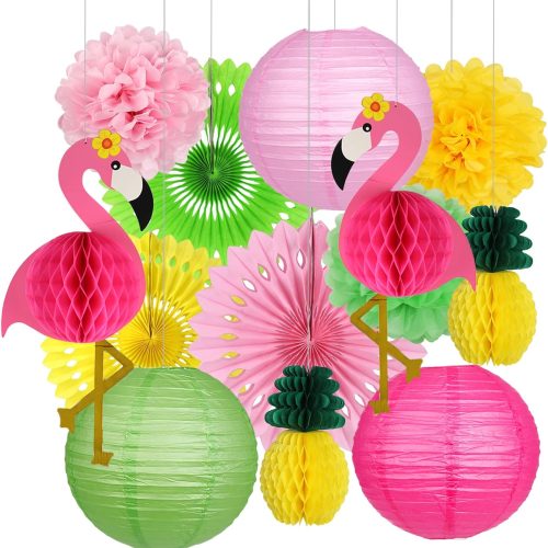 Flamingo Party Supplies, Hawaiian Party Decorations Flamingo and Pineapple Honeycomb Ball Paper Lanterns Paper Fans Pom poms Flowers for Birthday Luau Tropical Bachelorette Party