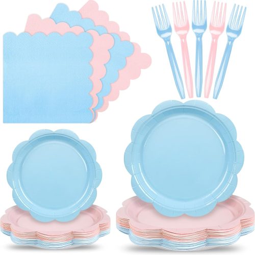 96 Pcs Baby Gender Reveal Plates and Napkins Set Party Supplies, Tableware set for 24 Guest include Light Pink and Blue Scalloped Plates, Napkins and Forks for Baby Shower Gender Reveal Party