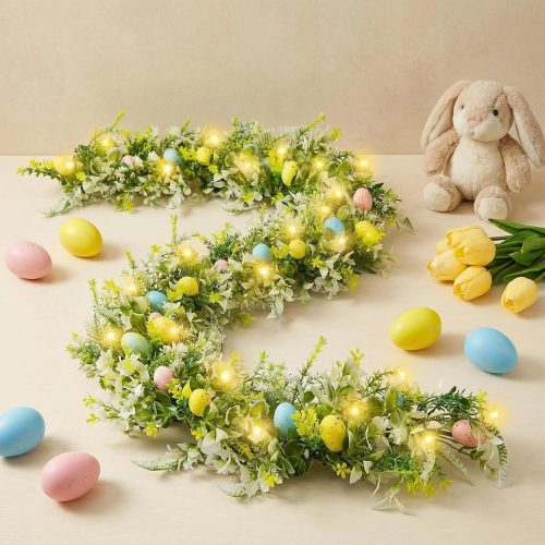 6FT Lighted Easter Egg Garland, Battery Operated Spring Garland with Warm White LED Lights, Easter Decorations for Fireplace Mantel, Door, Indoor & Outdoor Holiday Decor