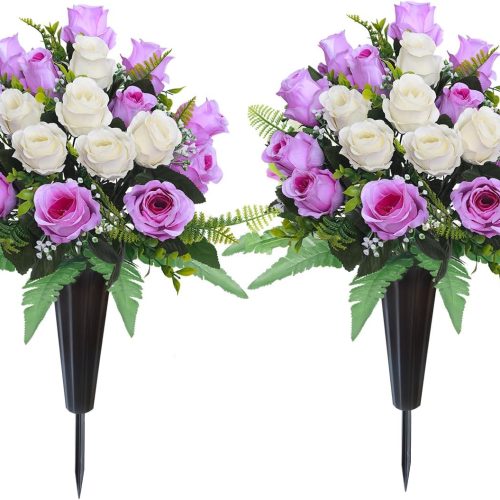 2 Sets Artificial Cemetery Flowers for Grave,Realistic Grave Flowers for Cemetery,Silk Rose with Vase for Headstone Tombstone Decoration Easy fit (Purple White)