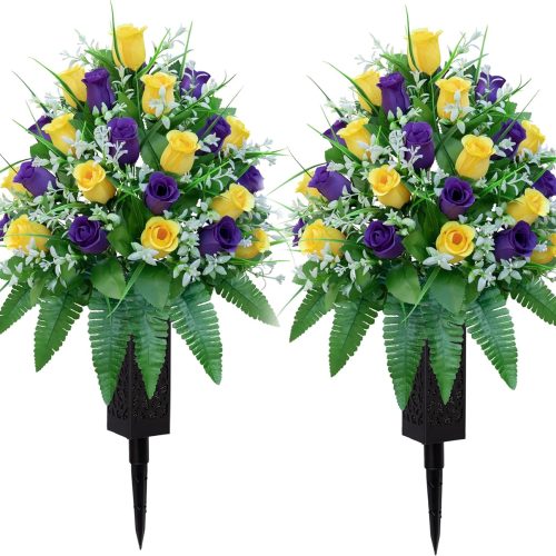 1 Artificial Cemetery Flowers, Gravesite Decoration Roses, Memorial Bouquets with Cemetery Vase, Vibrant and Long-Lasting Colors ( Yellow+Purple, 2 Bundles
