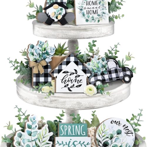Spring Tiered Tray Decor, Farmhouse Eucalyptus Leaves Tray Decorations, Spring Gnome Wreath Buffalo Plaid Mason Jar Truck Wooden Signs, Rustic for Home Table Shelf Mantel Party