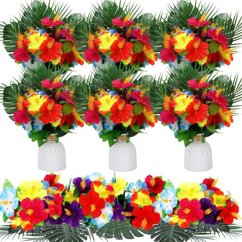 1 30 Pcs Hawaiian Flower Centerpieces for Tables with Artificial Hibiscus Flowers and Artificial Palm Leaves Hawaiian Party Decorations Fake Tropical Flowers for Wedding Birthday Supplies