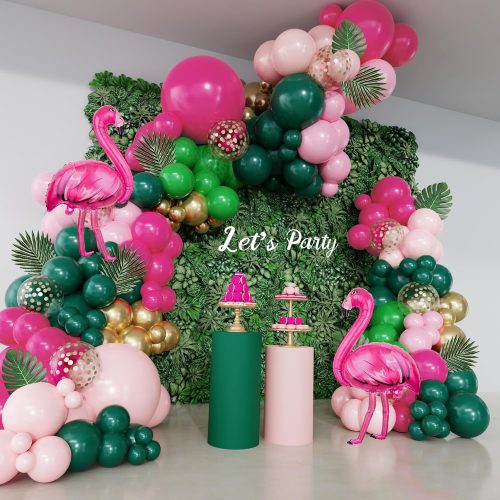 1 156Pcs Tropical Flamingo Balloon Arch Garland Kit, Hot Pink Dark Green Light Pink Gold Confetti Flamingo Foil Balloons with Palm Leaves for Hawaiian Luau Aloha Summer Beach Birthday Party Decorations