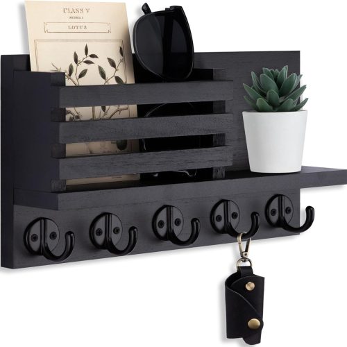 Key Holder for Wall – Decorative Wooden Mail Holder and Key Shelf with Mounting Hardware, Installation Guide – Paulownia Wood with 5 Metal Key Hooks (11.8” x 6.7” x 2.8”)
