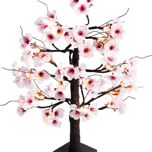 1 24IN Lighted Cherry Blossom Tree 24 Warm White LED Tabletop Artifical Bonsai Tree with Timer Battery Operated for Wedding Party Spring Christmas Home Indoor Japanese Room Decor