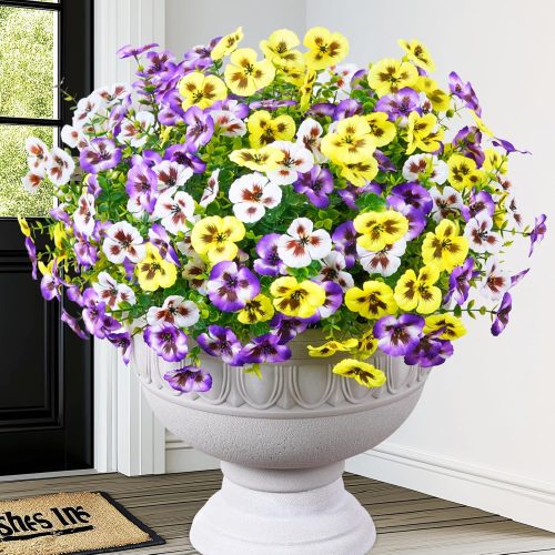 12 Bundles Look Real Artificial Flowers for Outdoors, Realistic Fake Outdoor Flowers, UV Resistant Silk Pansy Flowers for Outside Faux Flower Plants for Outdoor Porch Garden, Mixed Colors