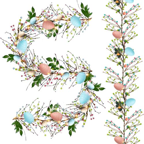 2 Pack 12 FT 40 LED Battery Operated Lighted Easter Egg Garland with 8 Modes, Artificial Green Plastic Garland for Indoor/Outdoor Home Fireplace Party Door Decoration