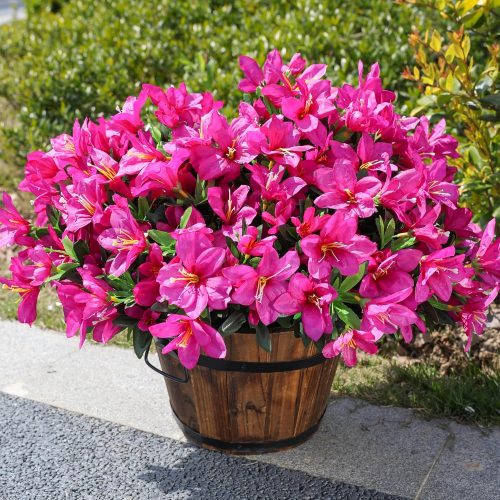 Artificial Fake Flowers for Outdoors Spring Outside Decoration, 3 Bundles Silk Azalea Faux Plants UV Resistant Realistic Outdoor Flowers for Planter Porch Patio Garden Walkways Home, Fuchsia