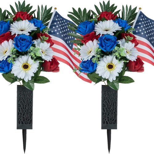 1 Memorial Day Flowers for Cemetery: 2 Pcs Outdoor Grave Decorations - Artificial Patriotic Cemetery Flowers for Grave - Red White Blue Roses with American Flags Vase for Veterans