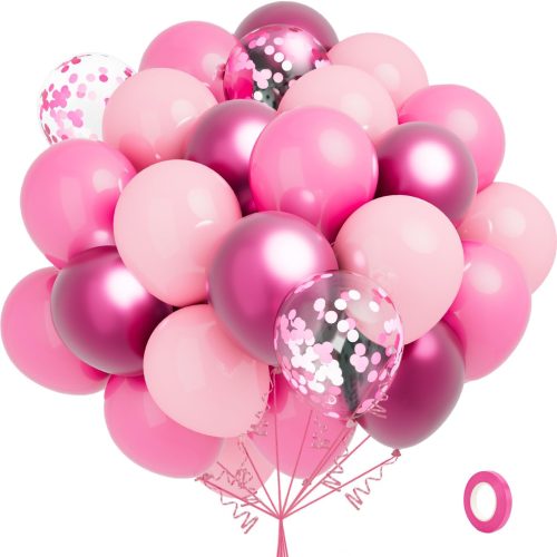 1 60 Pcs Metallic Pink 12Inch Latex Balloons and Confetti Balloons for Birthday, Baby Shower, Wedding, Princess Theme Party Decorations