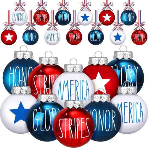 12 Pcs Patriotic Balls Ornaments for Tree 2.4 Inch Memorial Day Decorations Red White and Blue 4th of July Ornaments for Independence Day Veterans Holiday Party Supplies