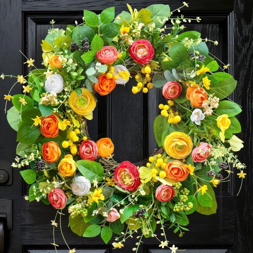 1 Spring Wreaths for Front Door Outside 24 Inch, Summer Wreath Outdoor with Lotus and Berries, Green Floral Door Wreath for All Season Home Wall Wedding Farmhouse Holiday