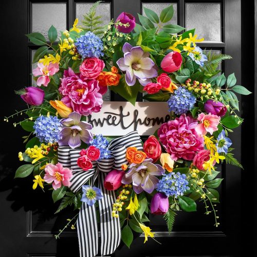 1 Spring Wreaths for Front Door Outside– 24 Inch Spring Door Wreath with Pink Peonies, Roses,Blue Hydrangeas&Yellow Tulips,Colorful Welcome Summer Wreaths for Front Door Porch & Entryway Decor