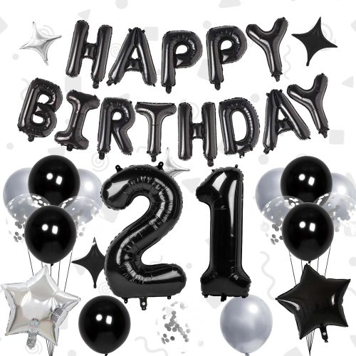 1 32 Inch 21 Balloon Numbers, Happy Birthday Balloons Banner 16 Inch Foil Letters Balloon Silver and Black Star Balloons for 21st Birthday Decorations for Boys Black Party Decorations
