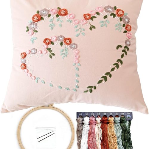 Crewel Pillow Case Embroidery Kit, Heart Shaped Loving You Floral Stamped Pattern Kits for Audlt Beginners, Works Crafts Throw Pillow Cover Great Gift for Loved Ones, 18 x 18'' (Coral)