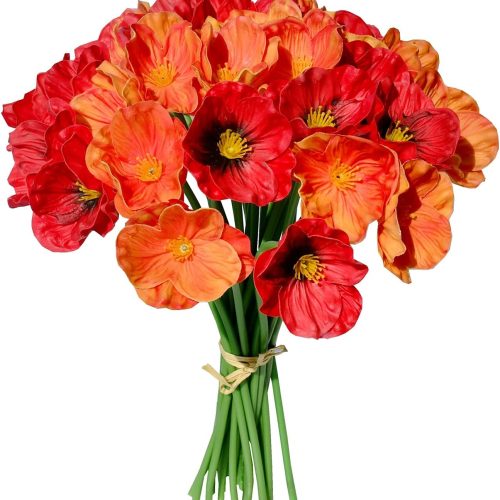 1 PU Red and Orange Poppy Artificial Flowers 30 Stems 11.6" Realistic Faux Flowers for Thanksgiving and Christmas Decorations Wedding Centerpiece Home Decor DIY Arrangements