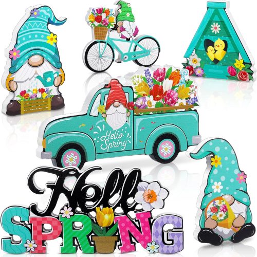 6 Pcs Spring Table Signs Decorations Hello Spring Gnome Table Centerpieces Wooden Rustic Farmhouse Tabletop Gnome Truck Flower Birdhouse Signs for Easter Party Home Decor