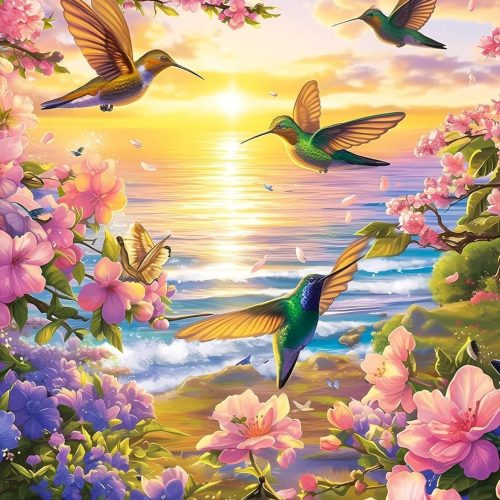 Diamond Painting Kits for Adults, Hummingbird Beach Flower 5D DIY Diamond Art Kits Full Drill Diamond Dots for Gift Wall Decor and Relaxation Gem Arts 12x16 inch