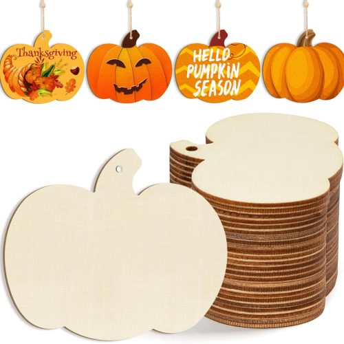 Wooden Pumpkins Ornaments to Paint Halloween Thanksgiving Decoration Cutouts Unfinished 24PCS 3.5 x 3 inches, DIY Blank Unfinished Pumpkin Wood Discs Ornament for Home Harvest Crafts Hanging Autumn De