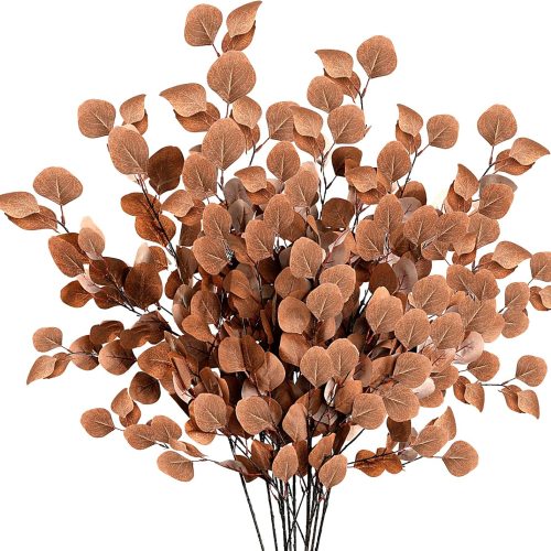 6 Pcs Fall Artificial Eucalyptus Stems Long Silver Dollar Leaves Fake Silk Eucalyptus Leaf Branches for Indoor Home Autumn Festival Thanksgiving Decor(Dark Brown)