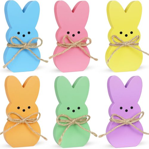 Easter Table Decorations Bunny Decor, 6 Pcs Wooden Bunny Easter Signs with Rope, Cute Rabbit for Home Tiered Tray Mantel Office Kitchen Room Tabletop Centerpiece Shelf Vase Holiday Party Spring Decor