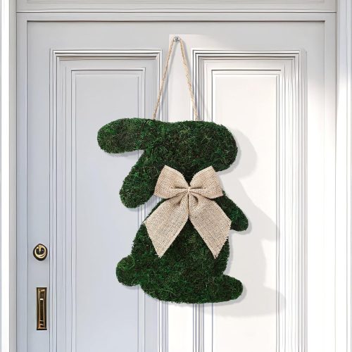 Easter Moss Bunny Wreath for Front Door Fake Moss Bunny Sign Hanging Wooden Wreath with Burlap Bow for Spring Porch Wall Home Farmhouse Indoor Outdoor Decor
