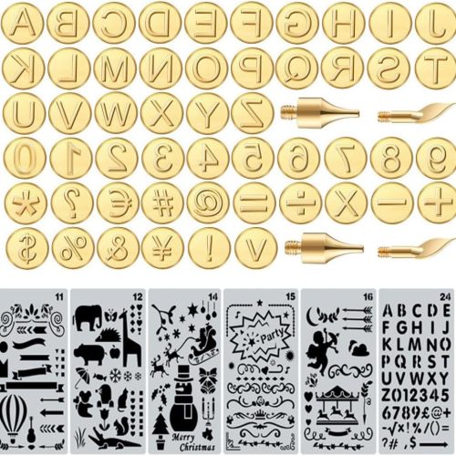 Wood Burning Tips Letters Uppercase Alphabet Number Symbol Branding and Personalization Set (Include 38 Numbers 18 Symbol and 6 Stencils)