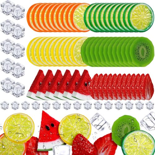 85 Pcs Fake Fruit Slices Ice Cubes Artificial Fruits for Decoration Fake Lemon Slices Watermelon Strawberries Kiwi with Ice Rocks for Tumblers Vase Decor Bake Crafts