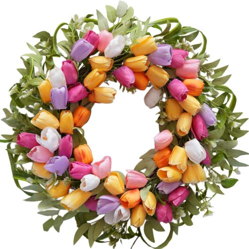 1 22 Inch Spring Tulip Wreath - Colorful Wreath for Front Door, Artificial Colorful Flower Leaves Decorative Wreaths for Home Wall Fireplace Window Party Decor Valentine's Day Wedding Decor