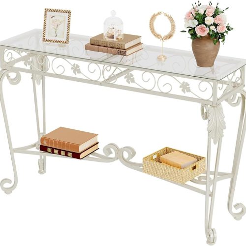 1 Console Table 47.2", Tempered Glass Sofa Table with Metal Frame, Console Tables for Living Room, Entryway, Hallway, Foyer, Adjustable Feet (White)