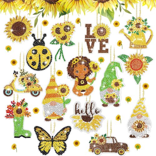 15 Pcs Spring Flowers Diamond Painting Keychains Sunflower Diamond Art Keychains Kits for Adults Gnome Butterfly Hanging Ornaments Rhinestones 5d Key Rings for DIY Crafts Home Party Decor