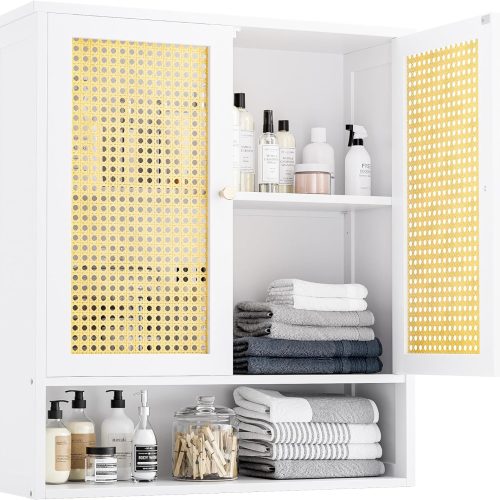 1 Bathroom Wall Cabinet, Bamboo Over-The-Toilet Storage Organizer with 2 Rattan Doors and Adjustable Shelf, Space Saver Medicine Cabinet for Laundry, Kitchen, Living Room (White)