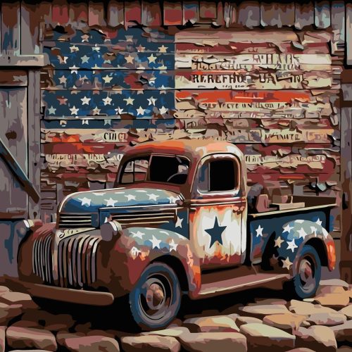 Vintage Truck Paint by Numbers Kit for Adults On Canvas,DIY Easy Adult Paint by Number Kits American Flag,Paint by Color Acrylic Paint Painting Home Wall Decor 16x16inch (Without Frame)