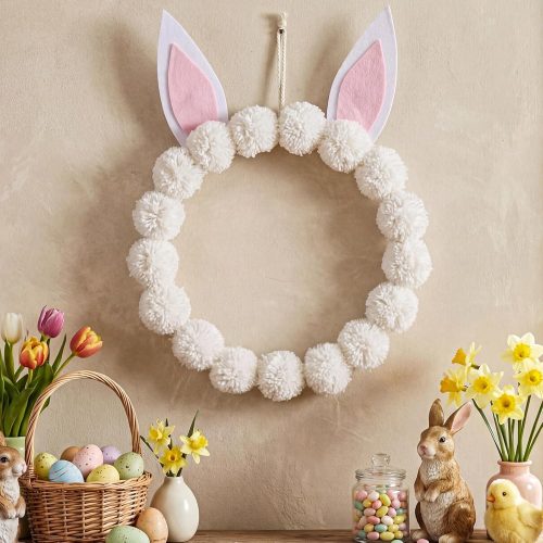 1 Easter Bunny Wreaths for Front Door, 11.8 Inch Neutral Pom Pom Yarn Ball Easter Rabbit Ears Wreath Decoration for Farmhouse Home Indoor Outdoor Window Wall Spring Party Decor