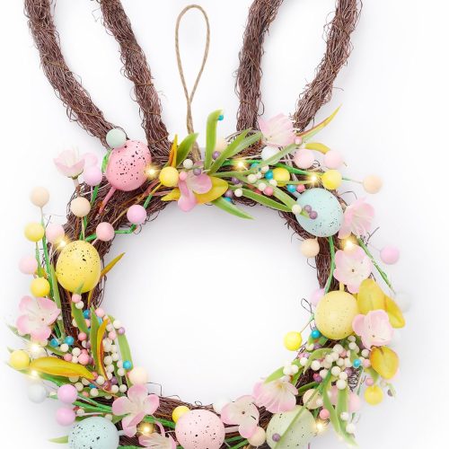 1 6'' Easter Bunny Wreath for Front Door with Light, Pre-lit Spring Rabbit Wreath Decoration with Pastel Speckled Eggs & Berries, Artificial Farmhouse Wall Decor for Holiday Home Indoor